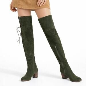 Bohemian Size 7 Over The Knee Heeled Boots Olive Green Leather Suede Lace Up